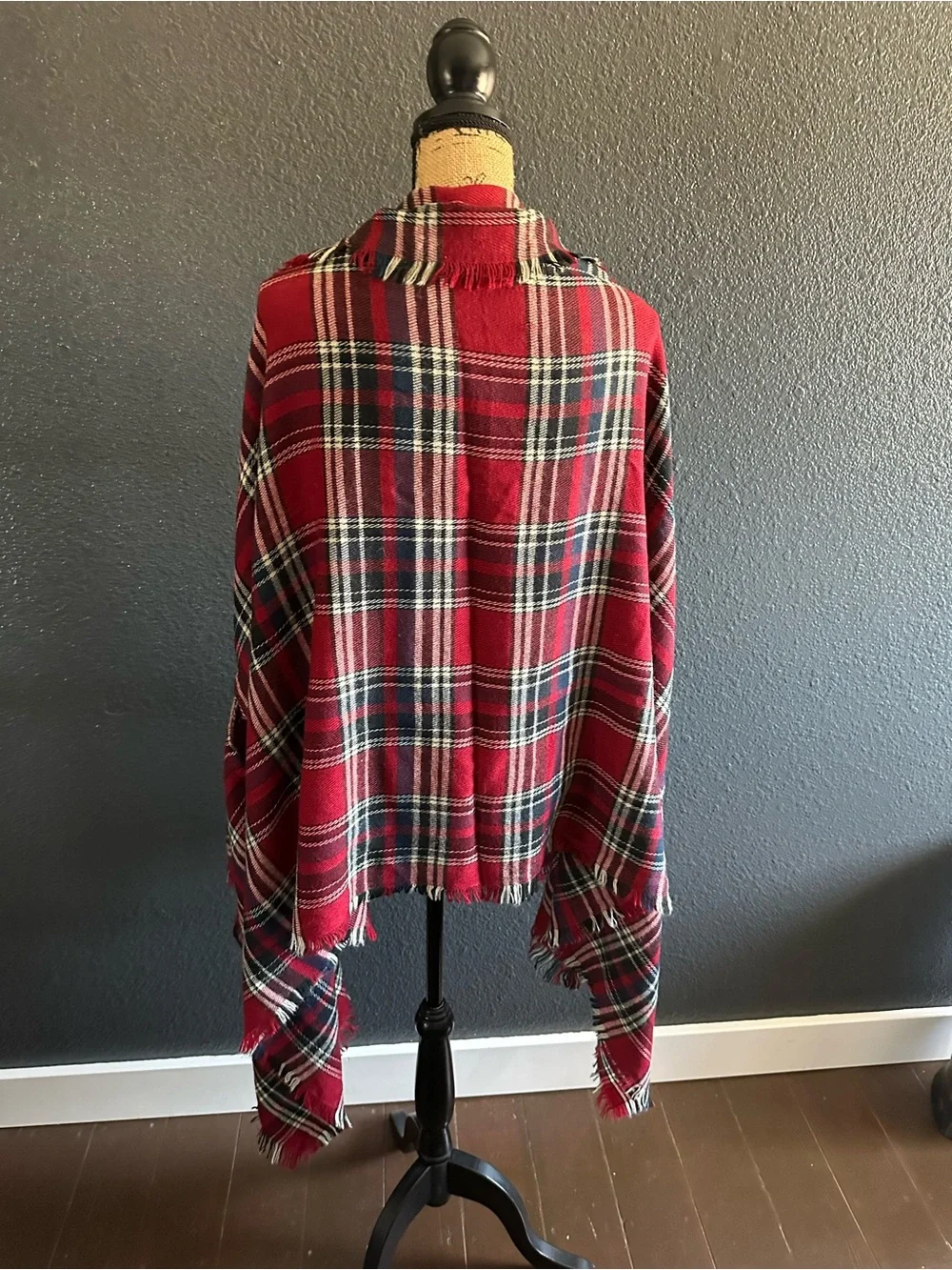 Grace & Lace Red Plaid Pocket Poncho Scarf Wrap One Size